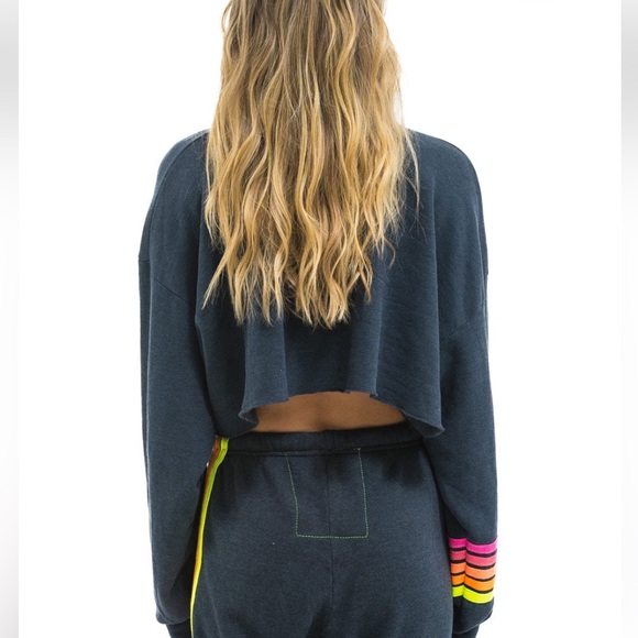 AVIATOR NATION UNISEX RUGBY STITCH CROPPED CREW SWEATSHIRT RELAXED CHARCOAL NEON - Picture 4 of 10